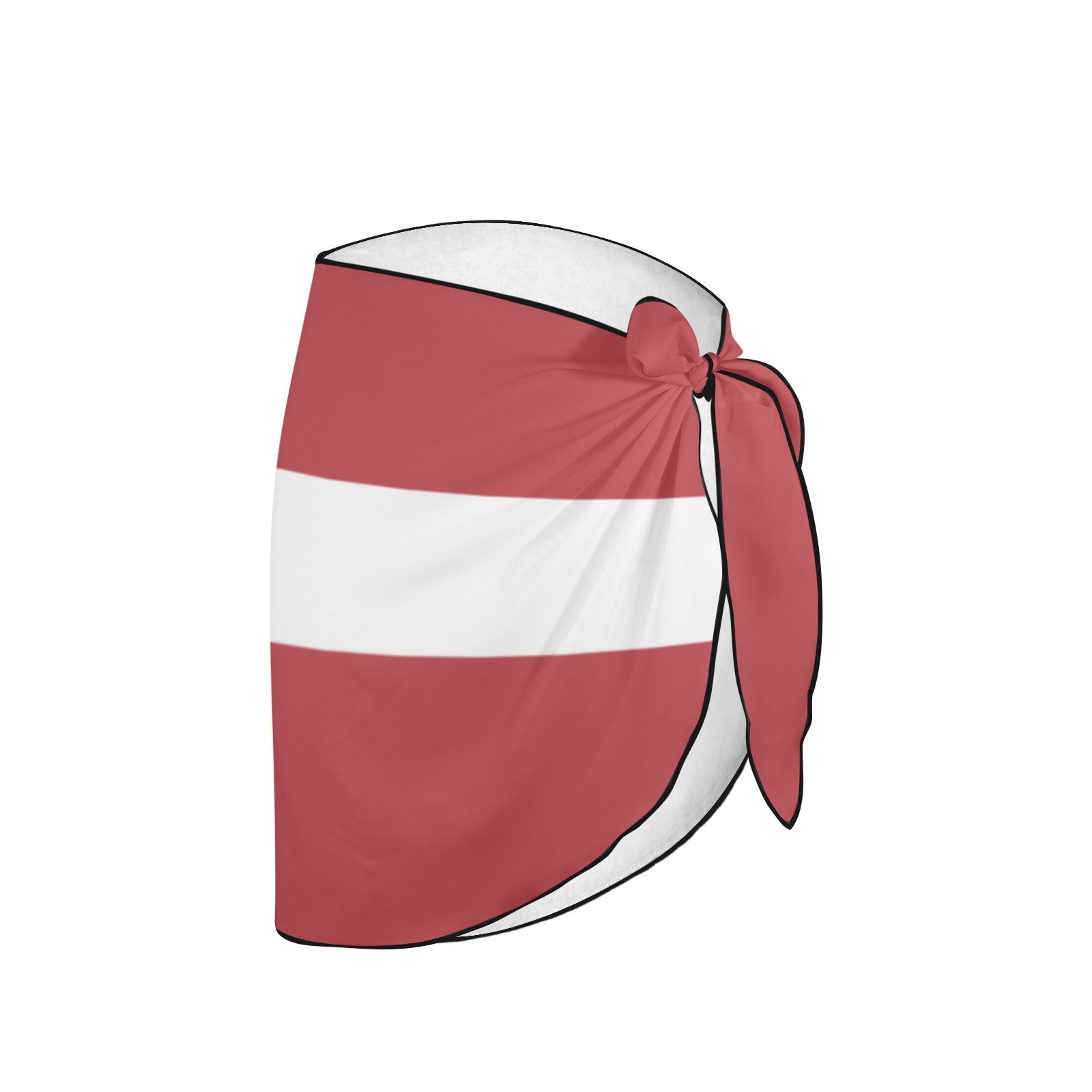 [Brand] red and white striped sarong tied at waist.