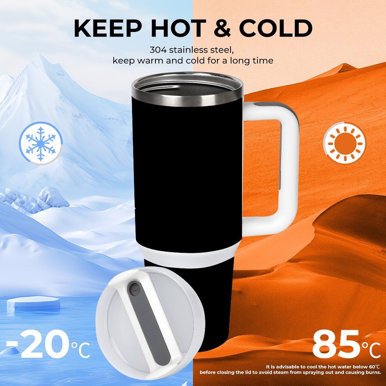 [Brand] insulated mug maintains temperature in any environment, desert, or snow.