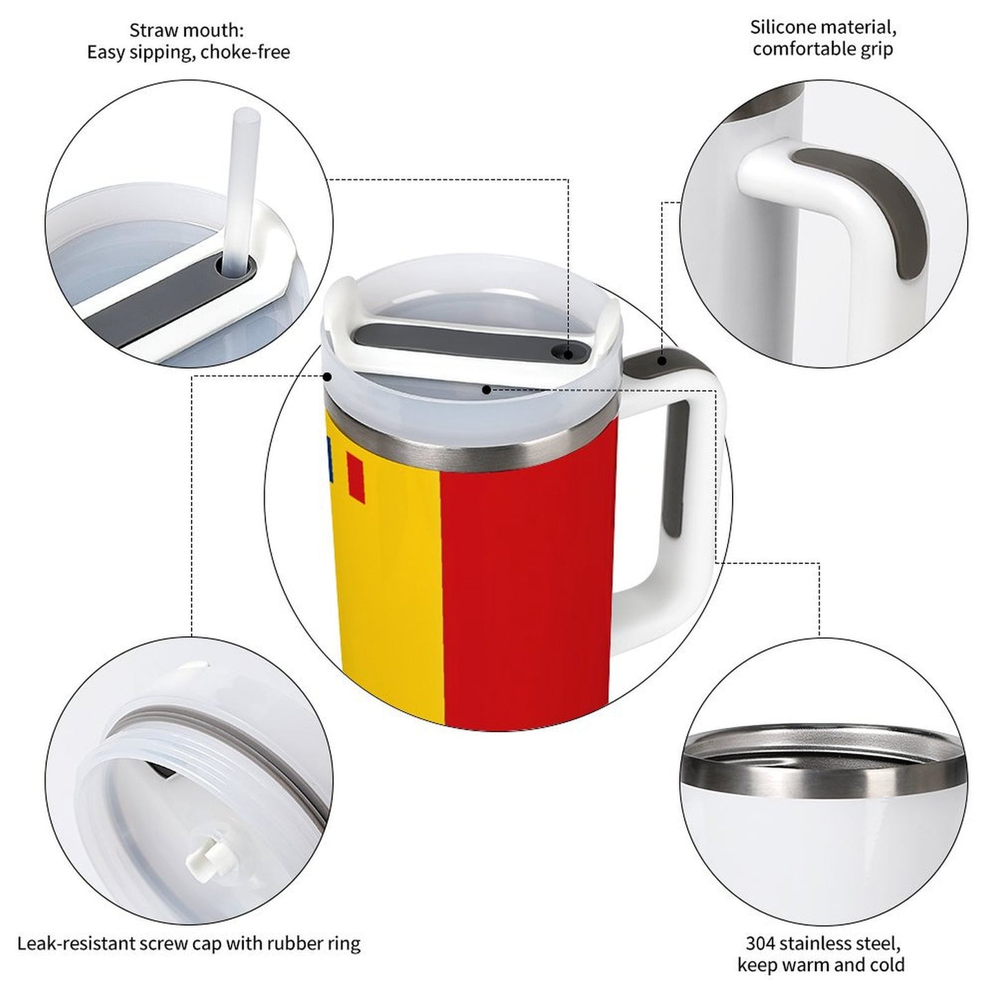 [Brand] insulated mug with silicone grip and straw mouth.
