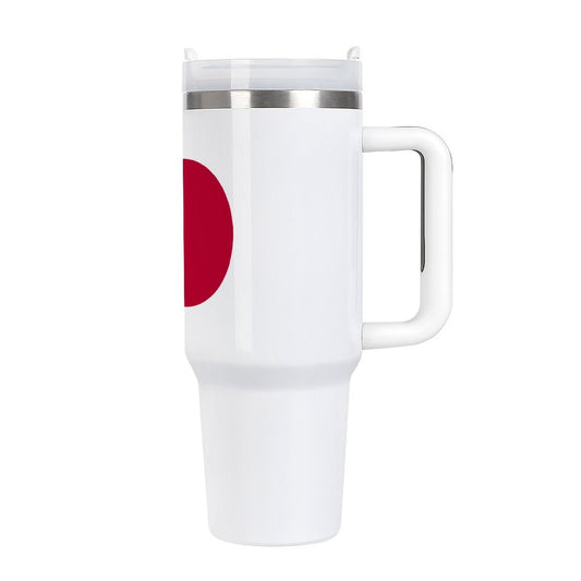[Brand] white travel mug with handle, red circular design.