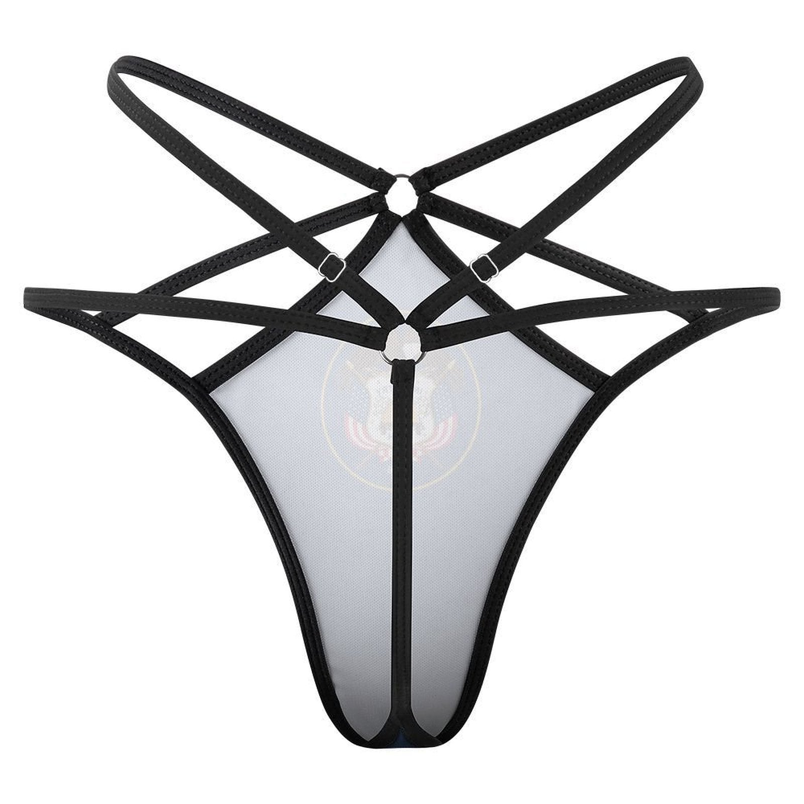 Black strappy lingerie piece from [Brand], featuring geometric design.