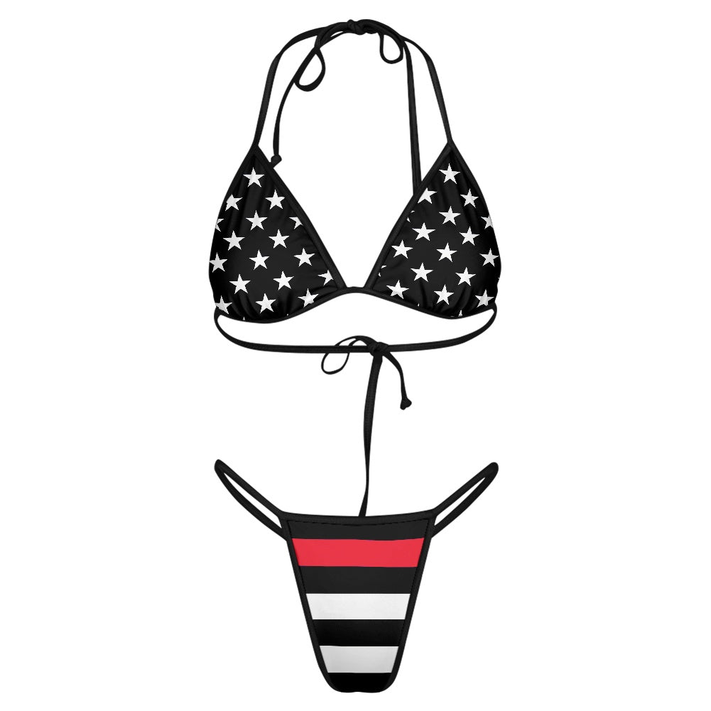 Thin Red Line Flag Inspired Women's Triangle Bikini with Thong Bottom