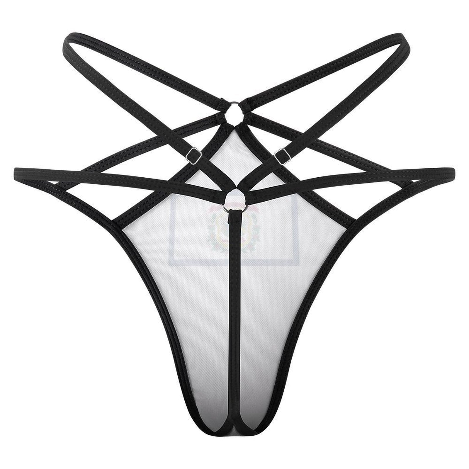 Black strappy lingerie with intricate design by [Brand].