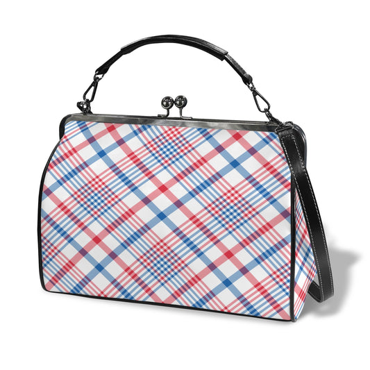 USA/American Flag Inspired Plaid Pattern Kisslock Crossbody Shoulder Bag-Large
