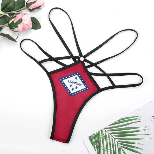 [Brand] Arkansas-themed red thong with black straps, flowers.