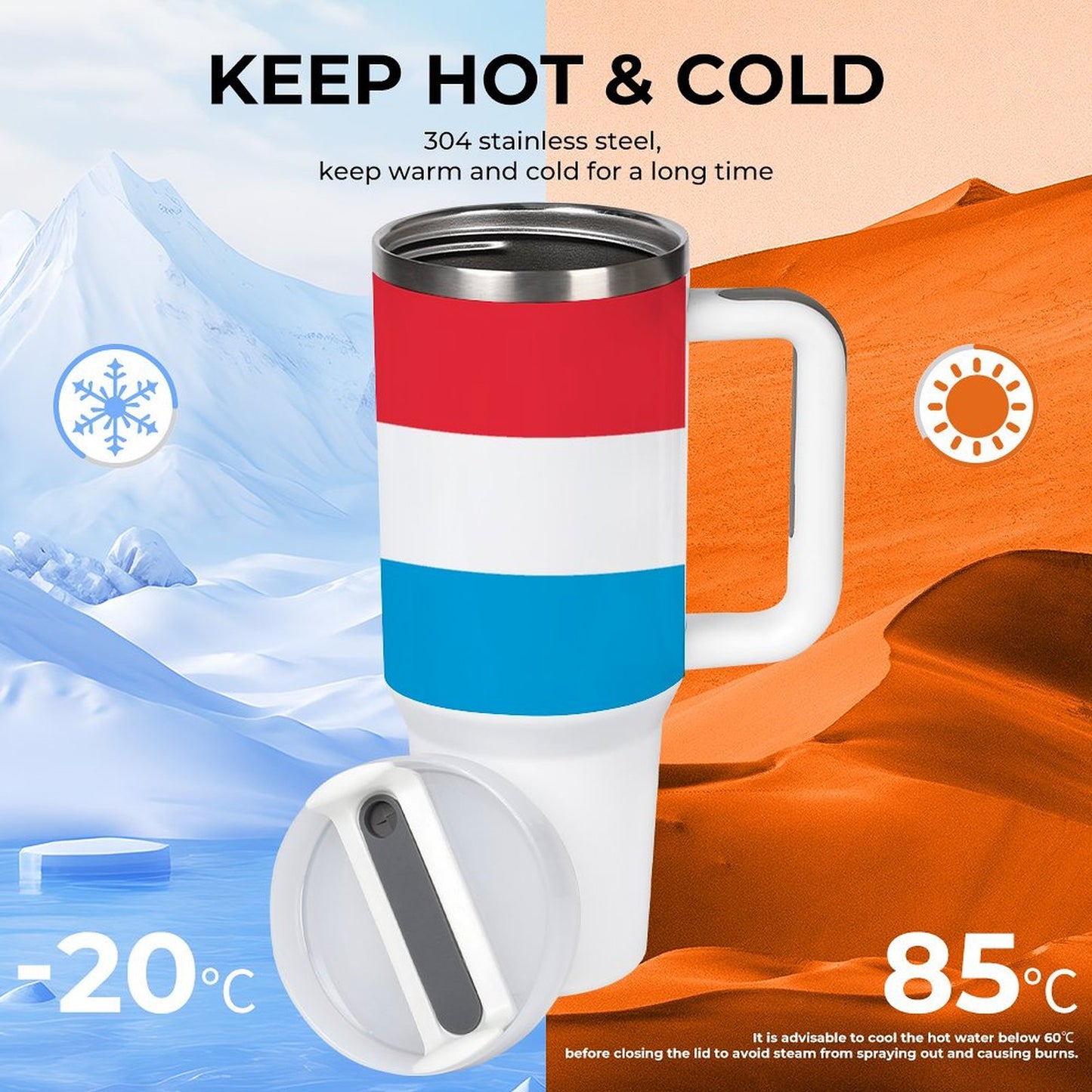 [Brand] insulated mug with lid, mountain and desert background.