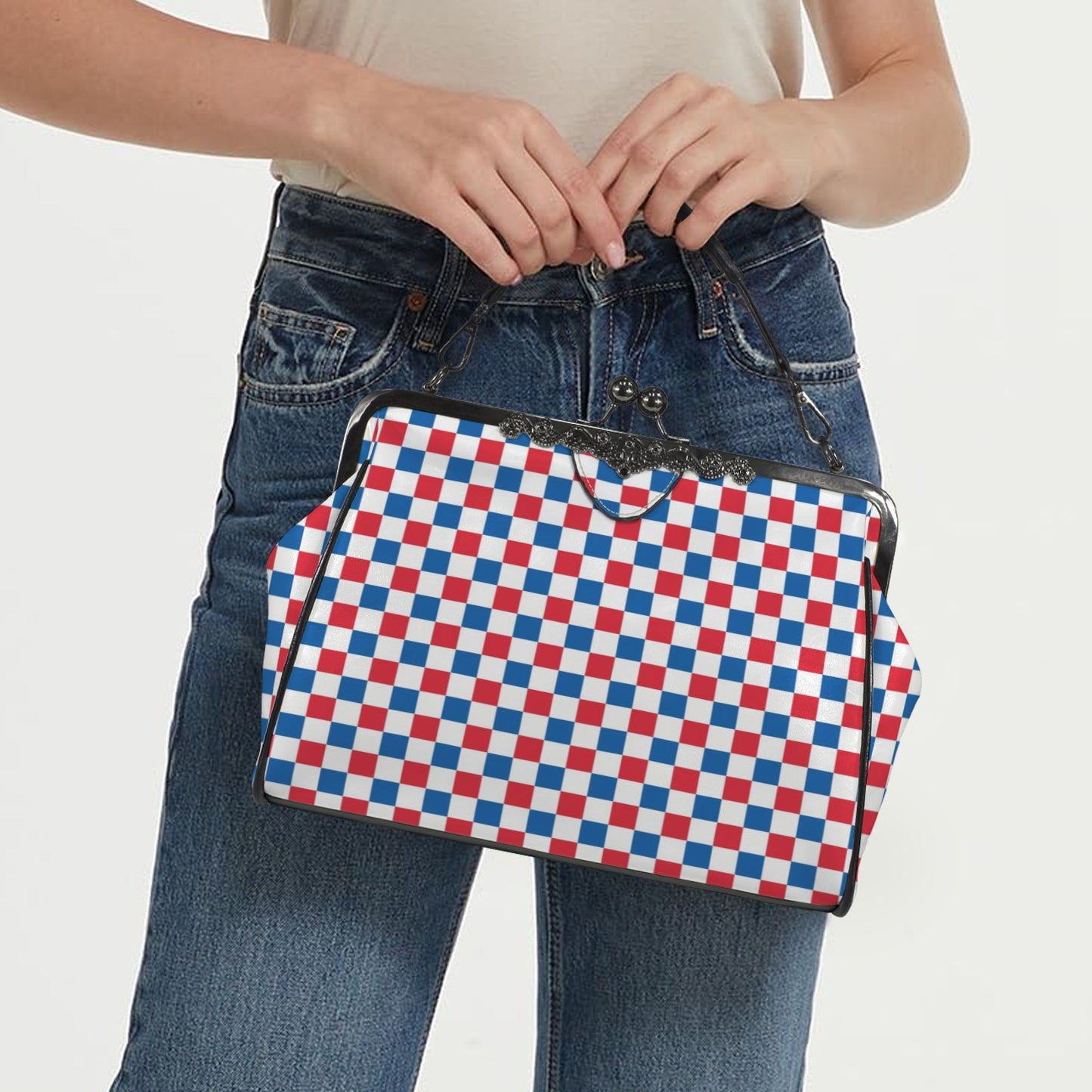 USA/American Flag Inspired Checkered Pattern Kisslock Crossbody Shoulder Bag