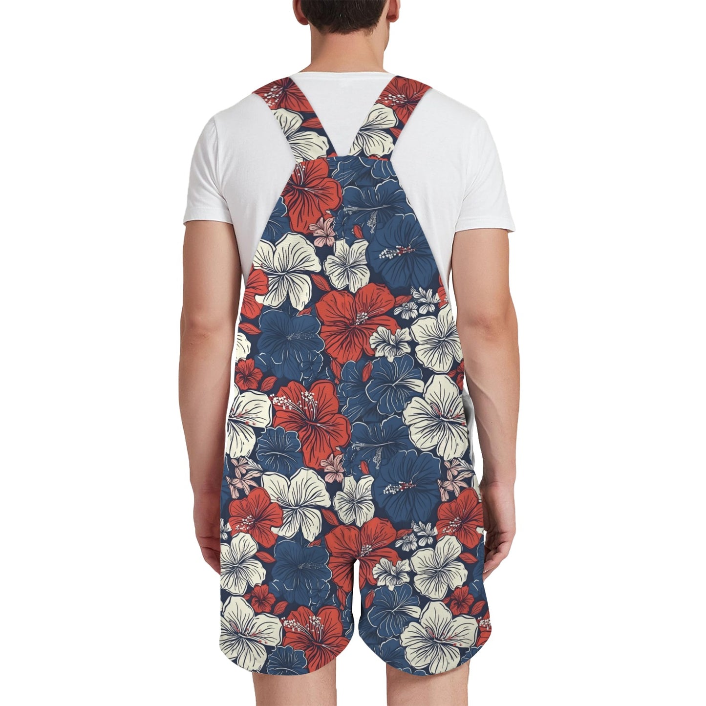 USA/American Flag Inspired Hawaiian Floral Pattern Unisex Suspender Jumpsuit