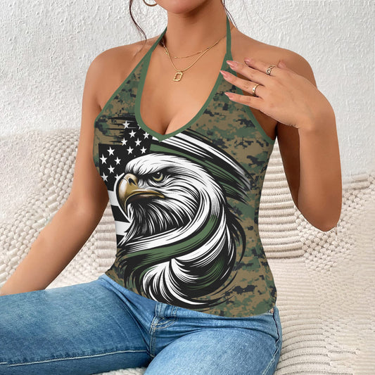 Thin Green Line Flag Inspired Eagle on Digital Camo V-neck Halter Open Back Tank Top