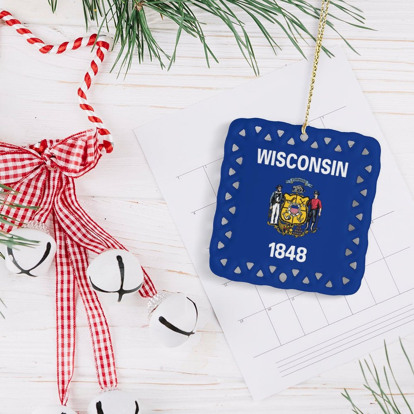 Wisconsin Flag Inspired Square Ceramic Ornament Made in the USA