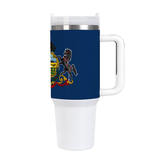 Blue and white travel mug with state emblem design, [Brand].