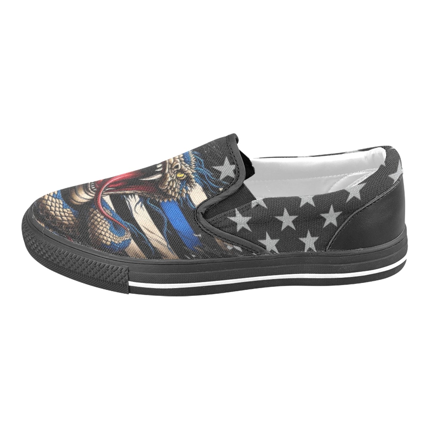 Thin Blue Line Flag Inspired Snake Slip-on Canvas Men's Shoes (Model019)(Two Shoes With Different Printing)
