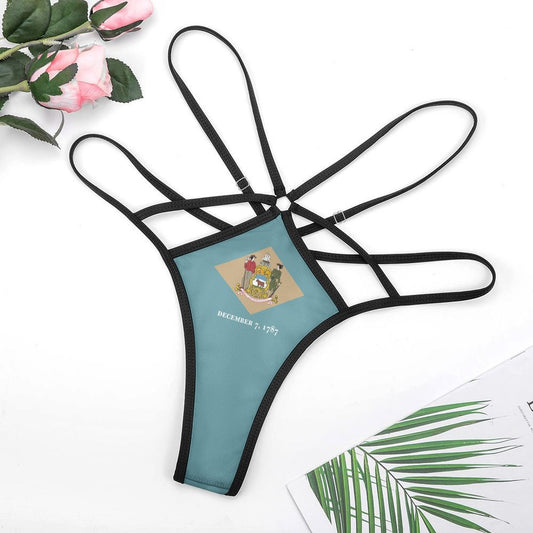 Black strappy thong with state flag design, [Brand].