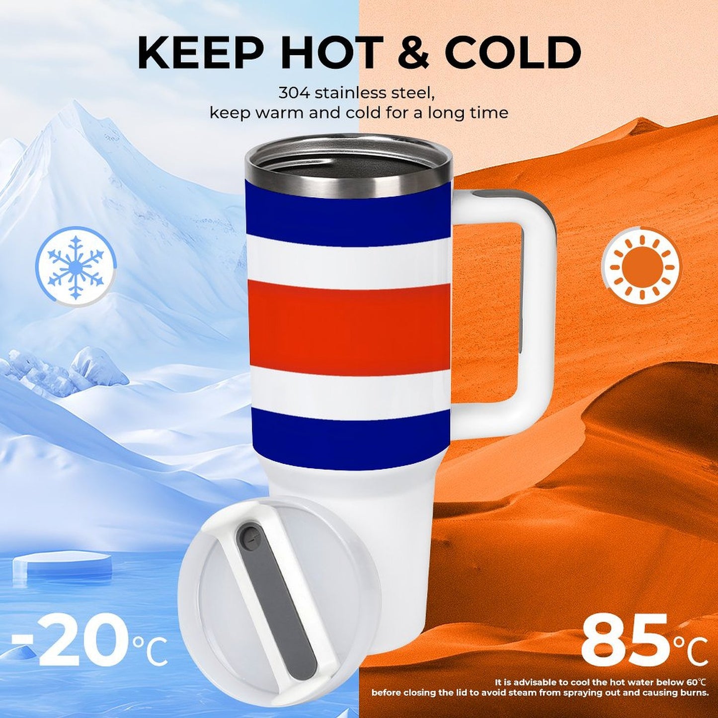 [Brand] insulated mug, keeps beverages hot or cold efficiently.