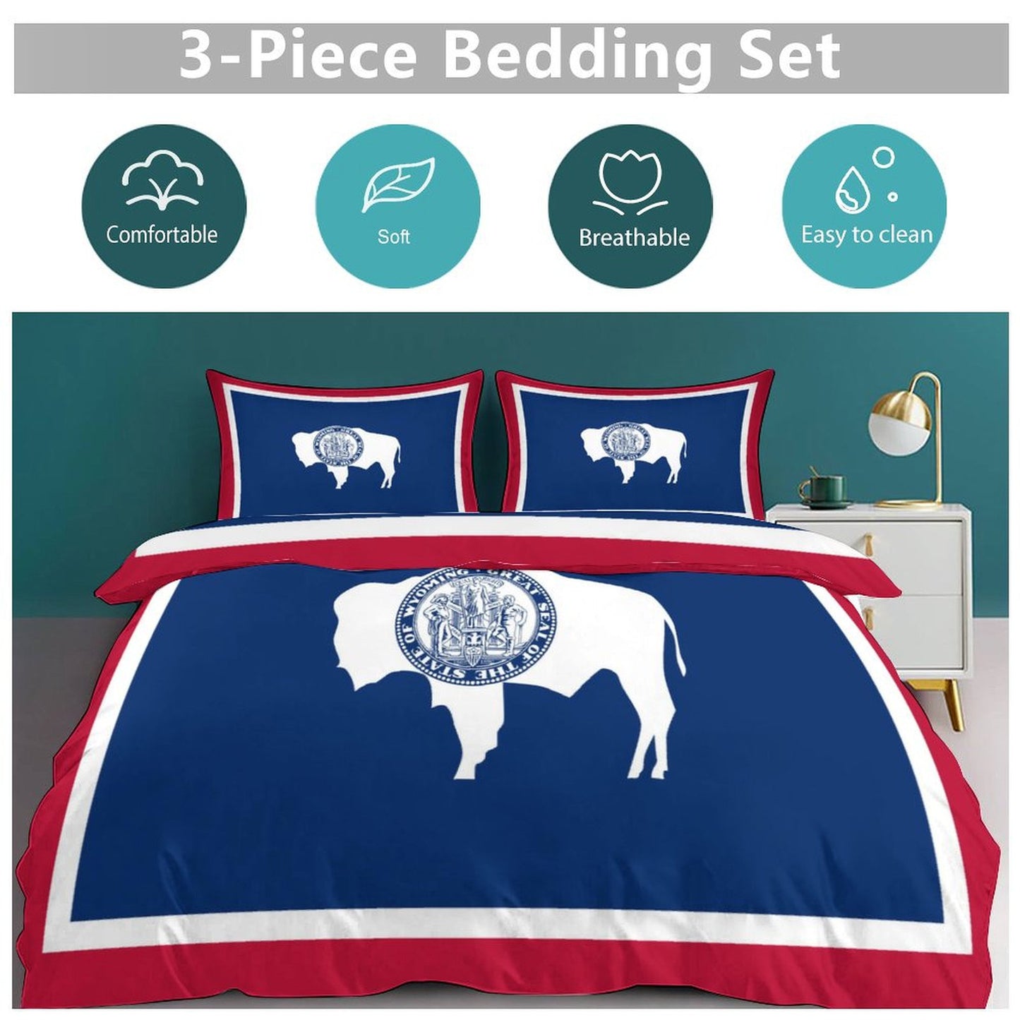 Wyoming Flag Inspired 3-Piece Bedding Set (1 Duvet Cover + 2 Pillow Shams) – 102"×90"