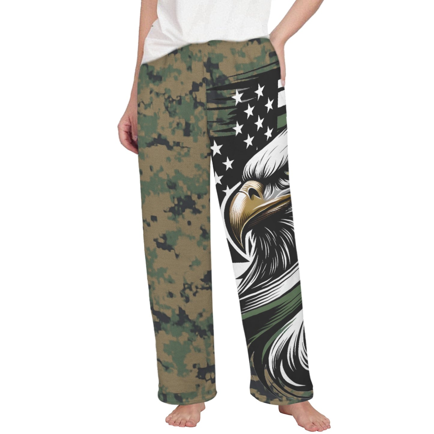 Thin Green Line Flag Inspired Eagle on Digital Camo Women's Flannel Pajama Trousers Made in the USA