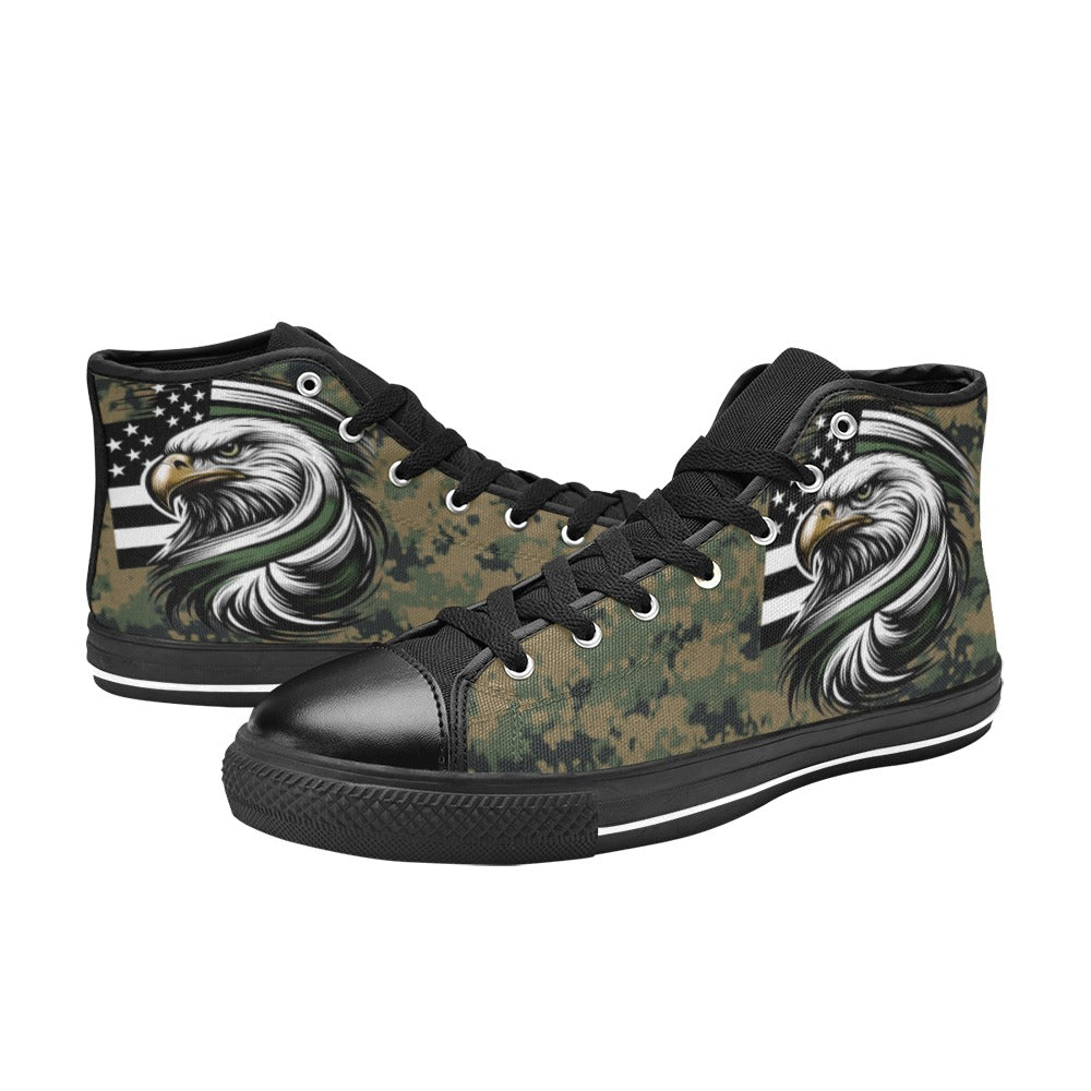 Thin Green Line Flag Inspired Eagle on Digital Camo Kid's High Top Canvas Shoes