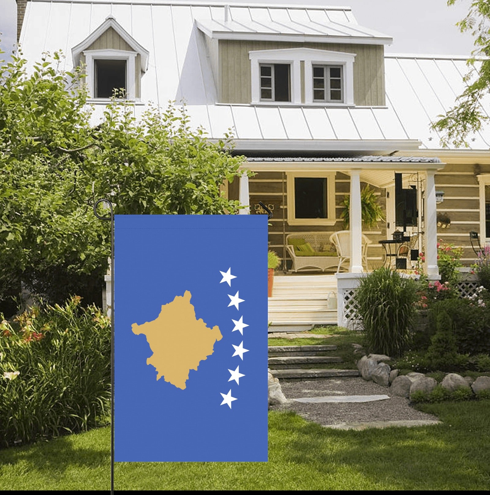 Flag by Luv My Flag, featuring stars, displayed outdoors.
