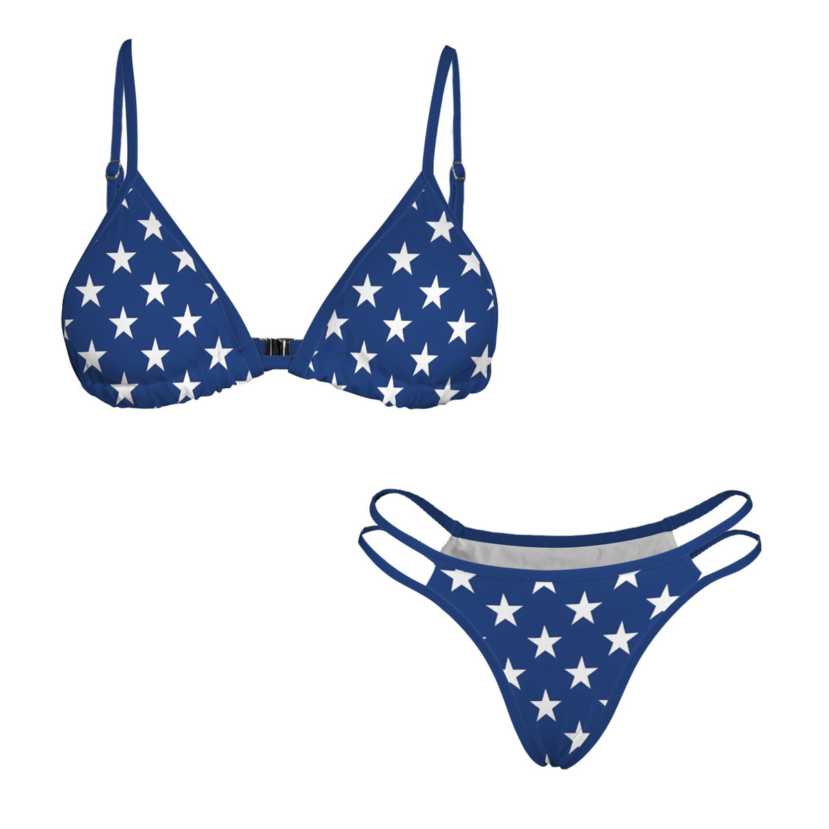 USA/American Flag Inspired White Stars On Blue w/Blue String Double-Strap Triangle Bikini Set