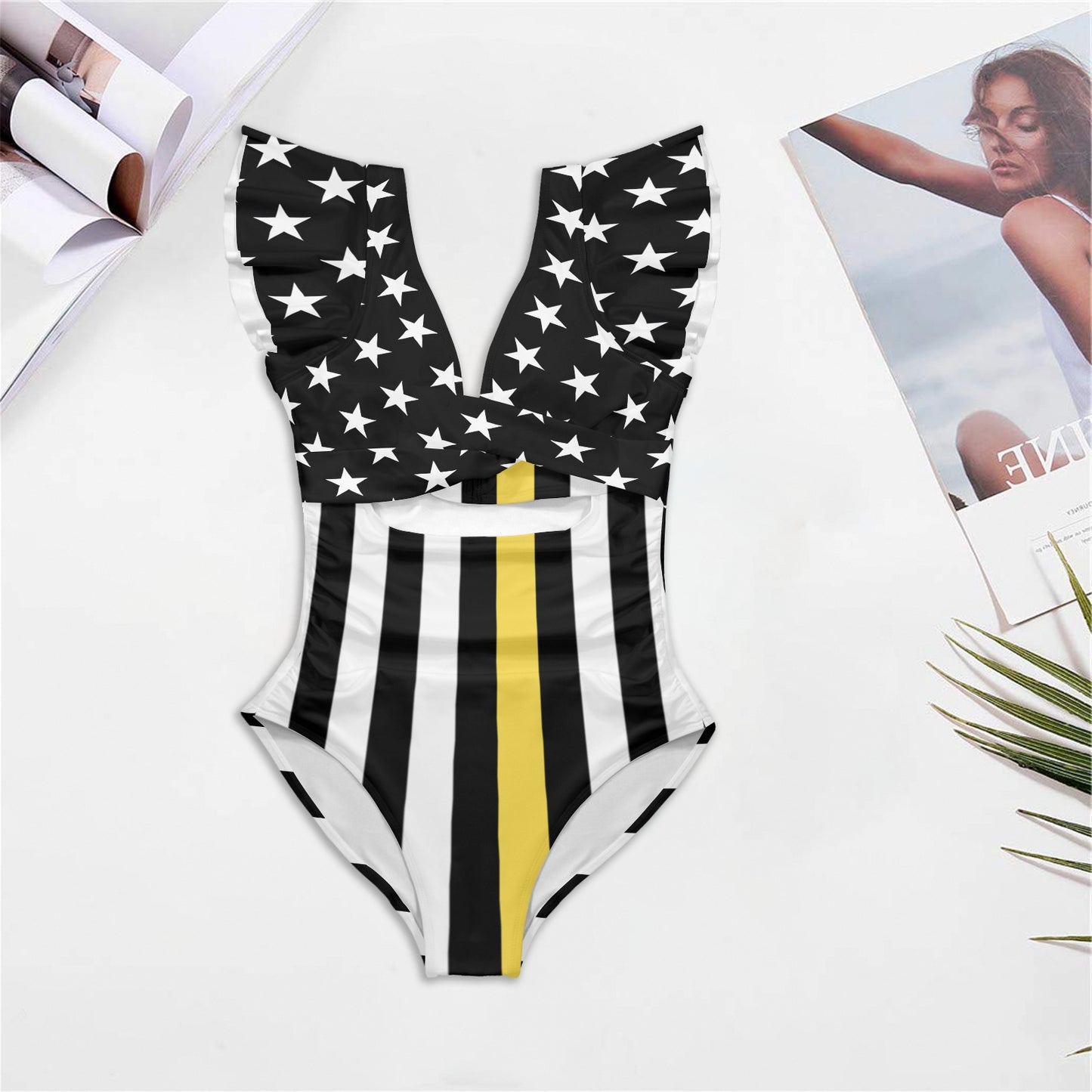 Thin Gold Line Flag Inspired Women's Twist Front Ruffle Sleeve Swimsuit