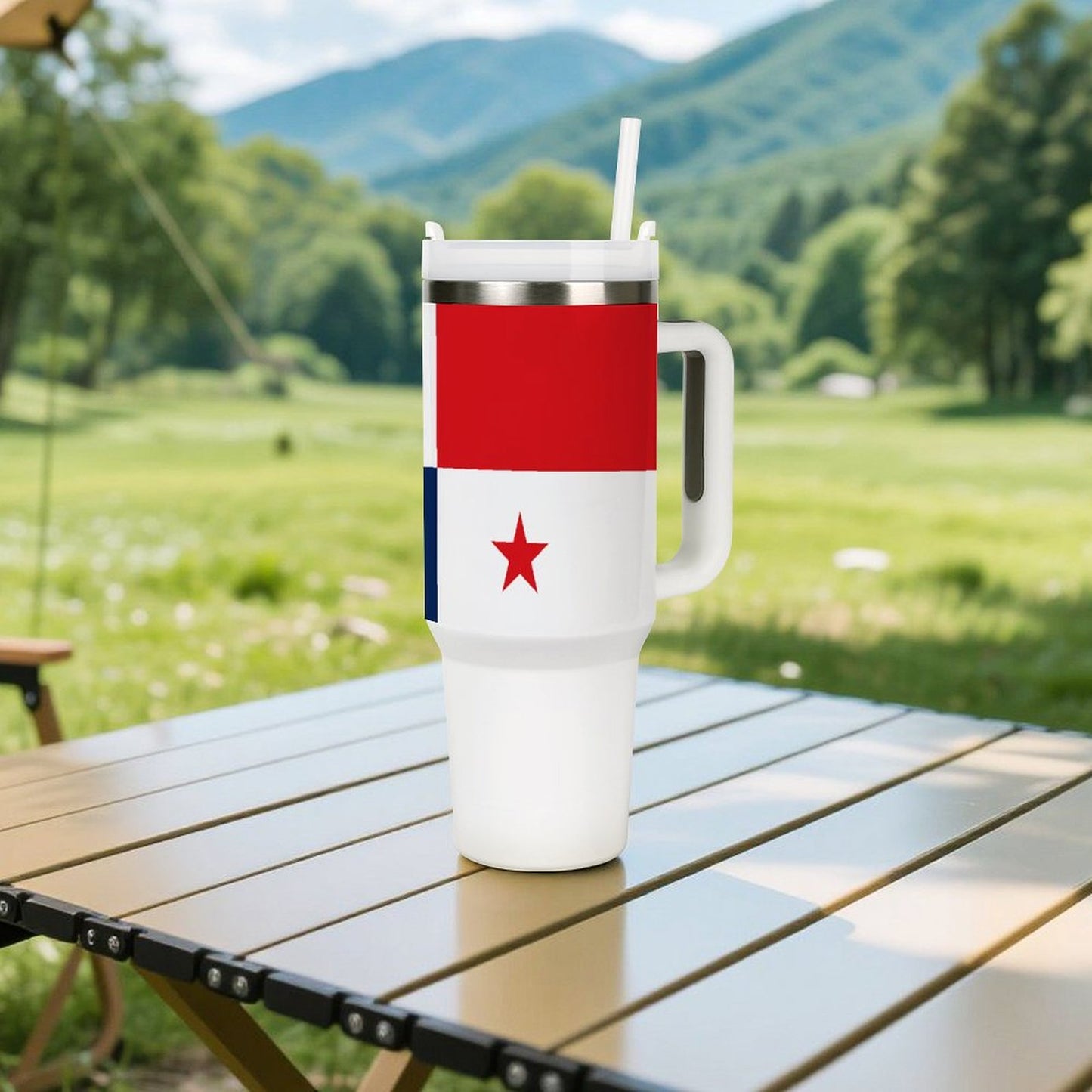 [Brand] insulated tumbler with star flag design on table.