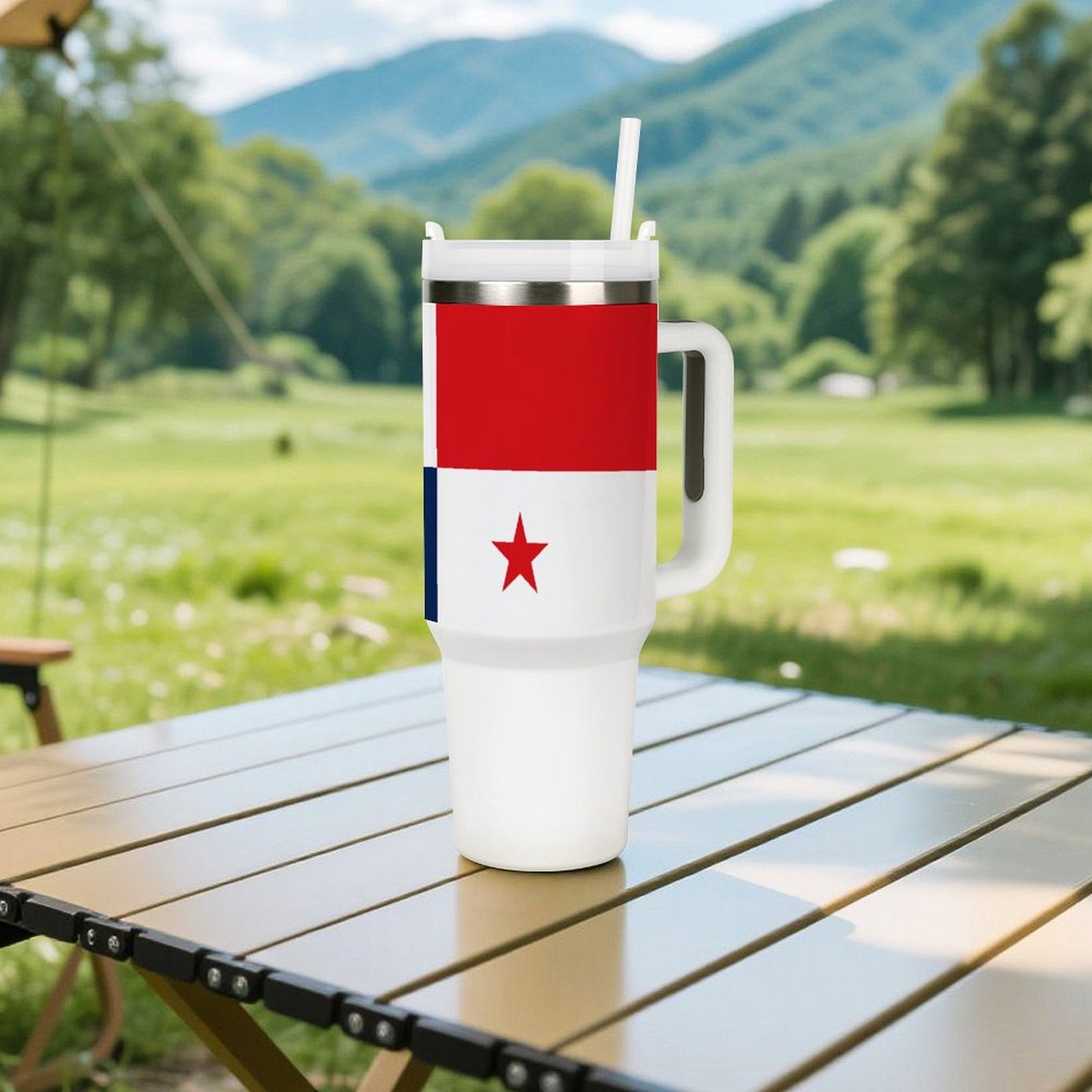[Brand] insulated tumbler with star flag design on table.
