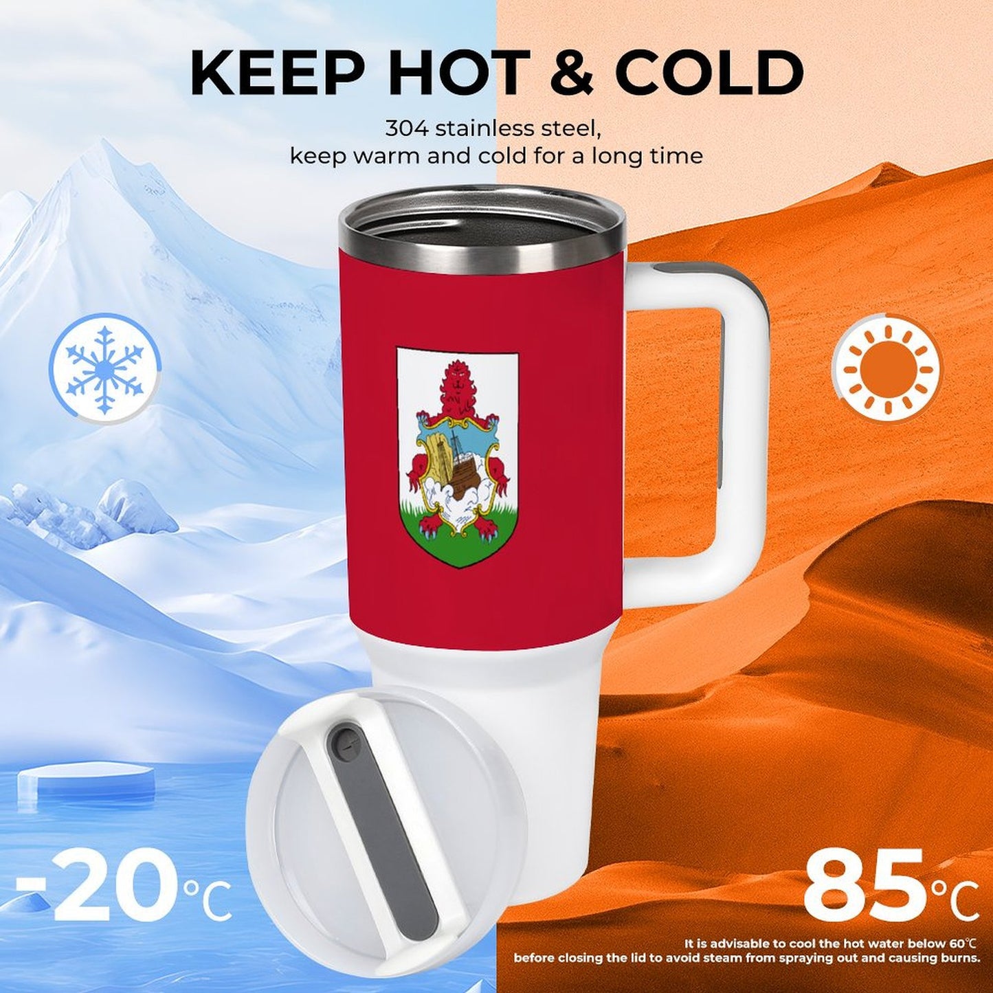 [Brand] mug keeps drinks hot or cold, desert and snow.