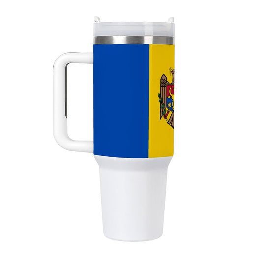 [Brand] travel mug with Moldova flag design, white handle.