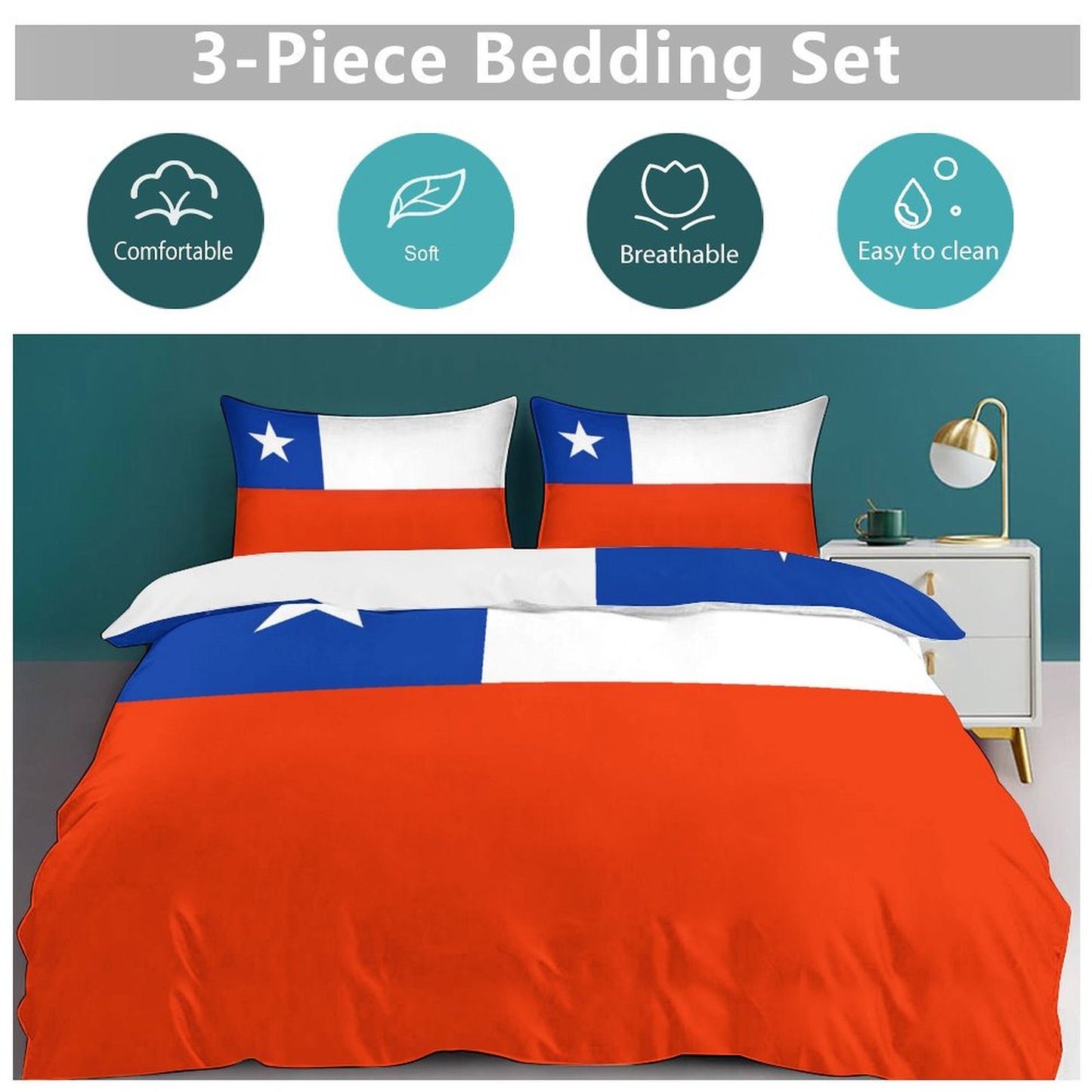 Chile Flag Inspired 3-Piece Bedding Set (1 Duvet Cover + 2 Pillow Shams) – 102"×90"
