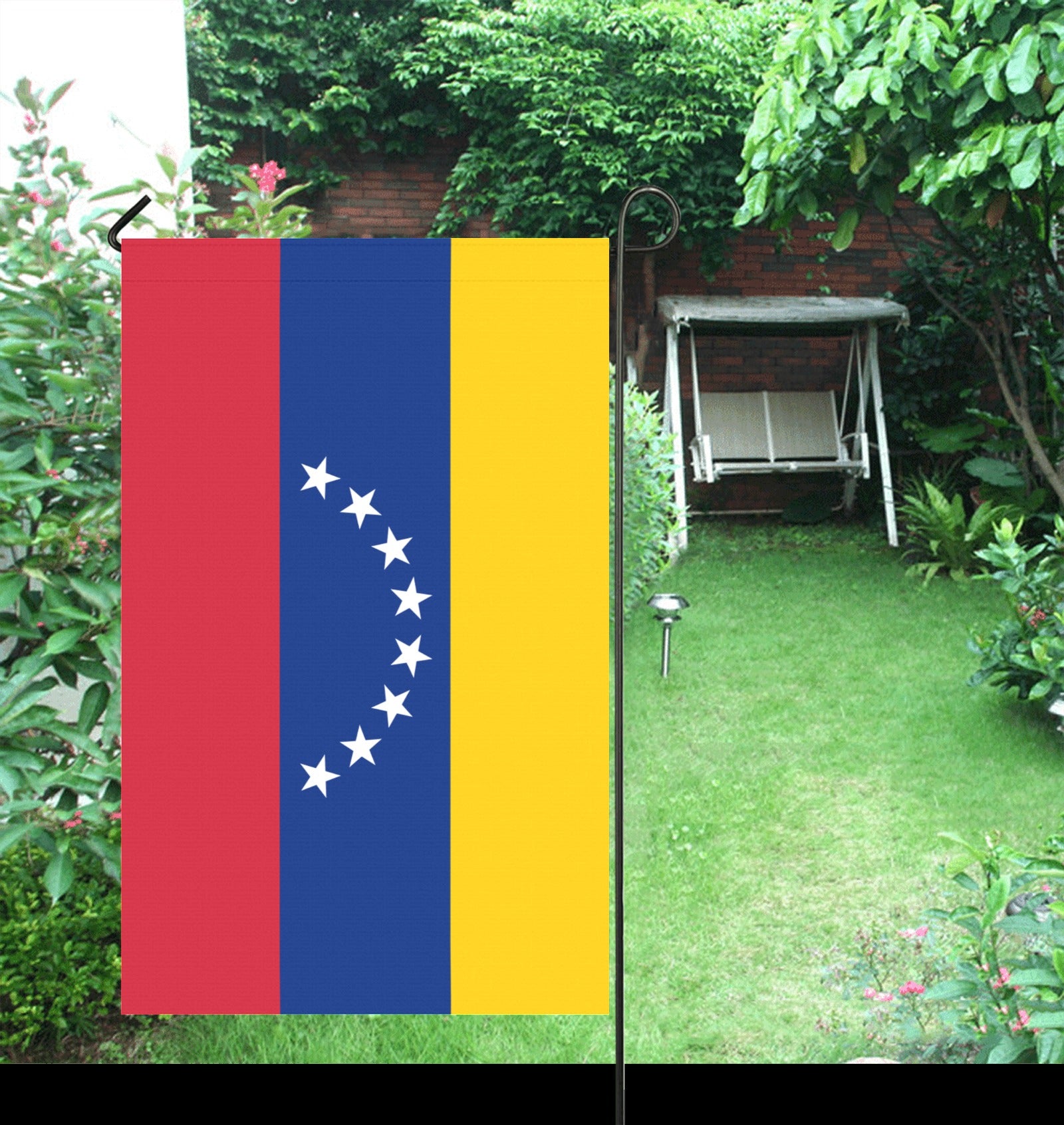 Garden displaying Luv My Flag, Venezuela-themed vibrant banner.
