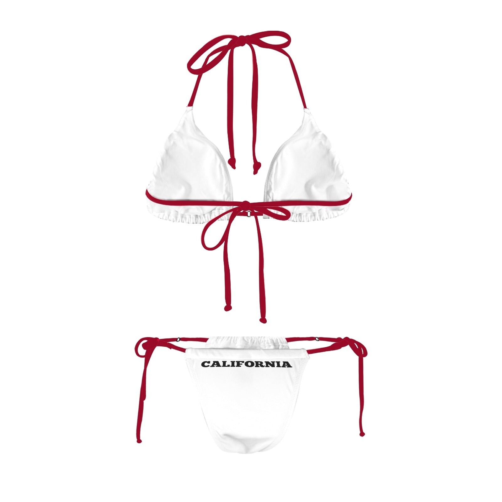White bikini with red straps, "California" text, Luv My Flag.