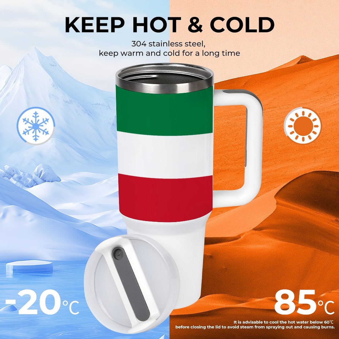 [Brand] insulated mug with lid, suitable for hot or cold.
