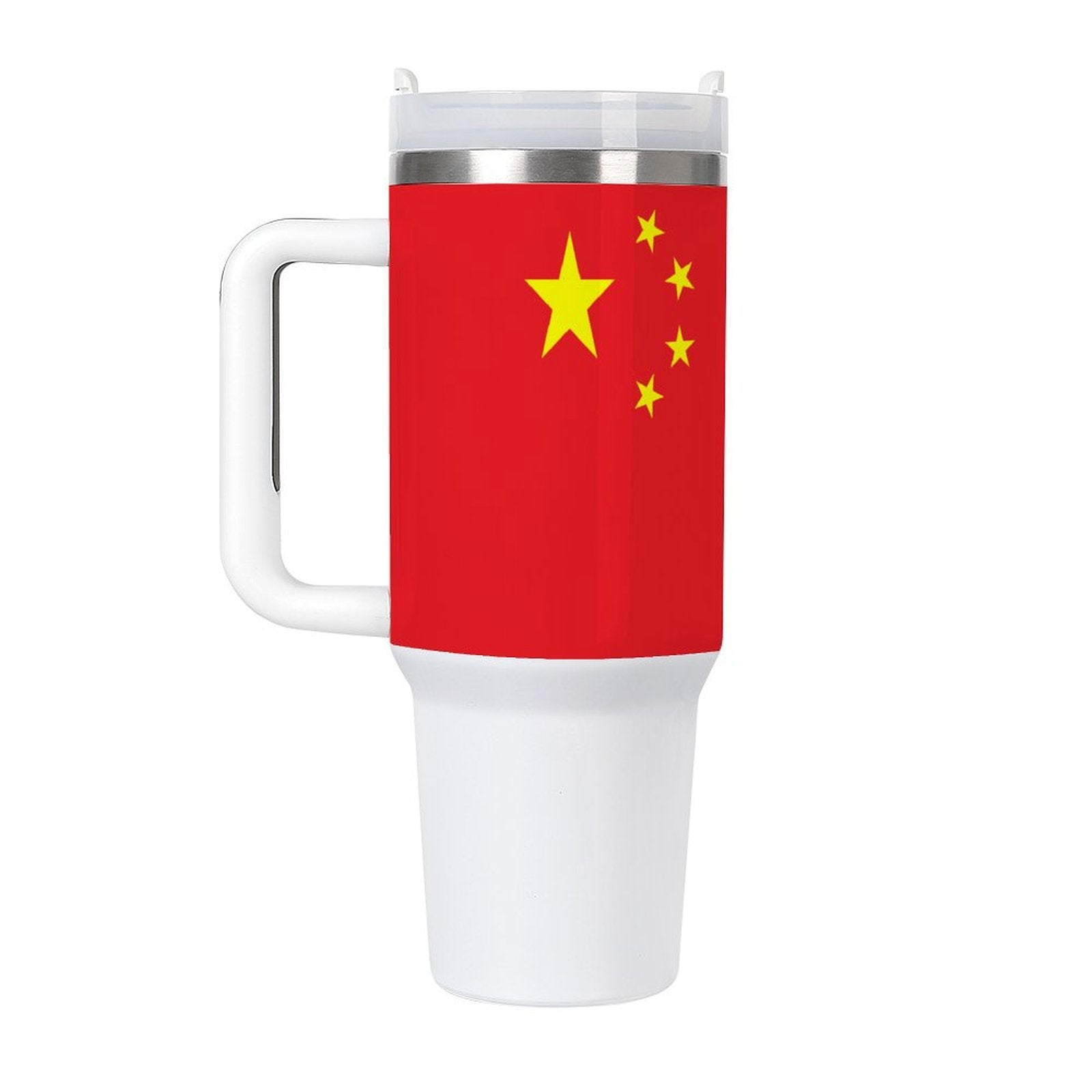 [Brand] travel mug featuring China's flag design, white handle.