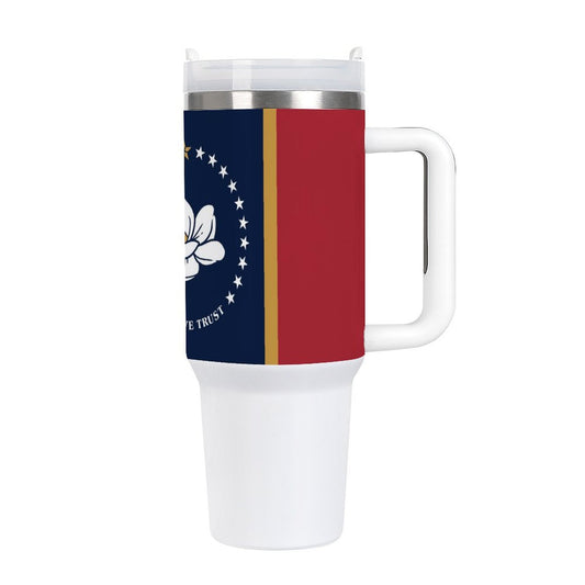 White travel mug with Mississippi flag design, [Brand].