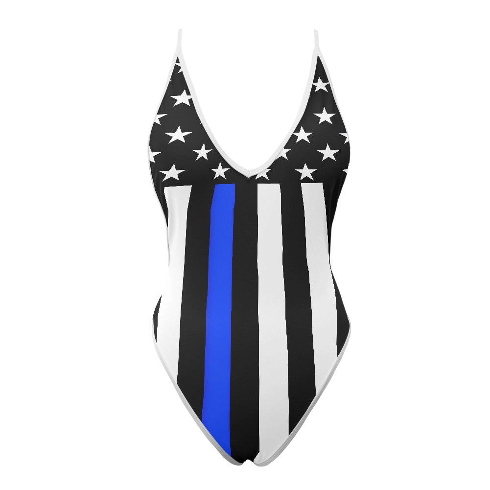 Thin Blue Line Flag Inspired One-Piece Thong Swimsuit