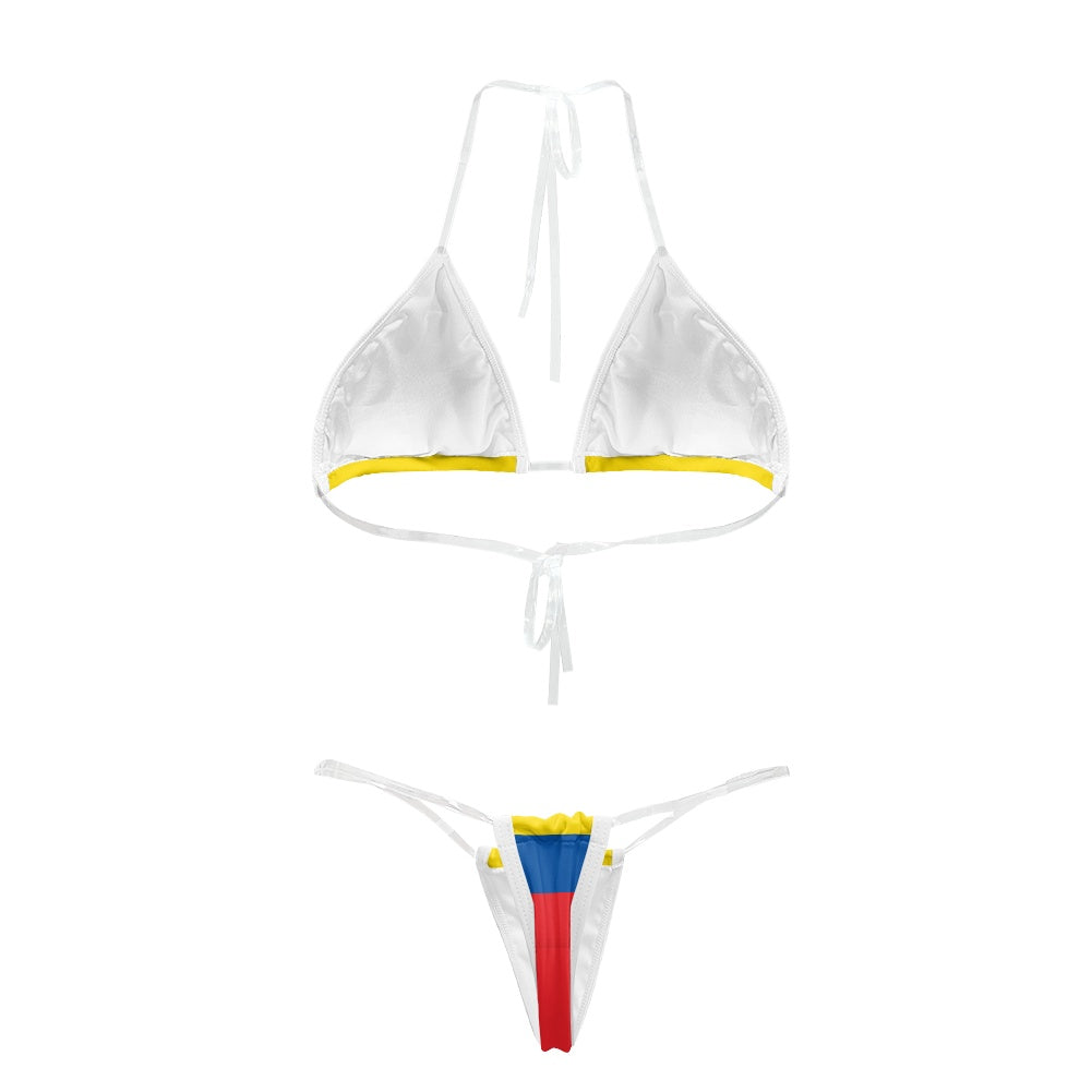 White bikini featuring multicolor accents, designed by [Brand].
