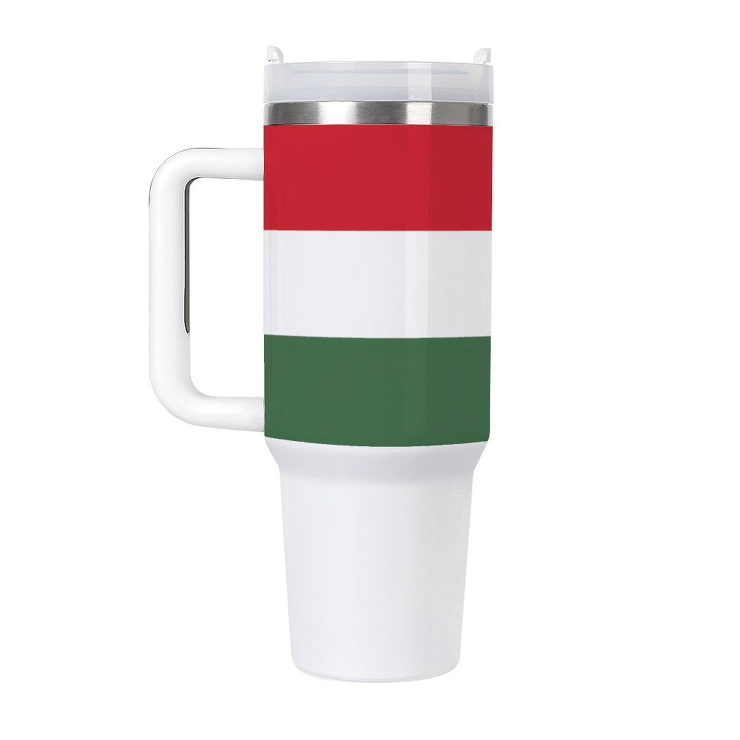 [Brand] mug with red, white, green horizontal stripes design.