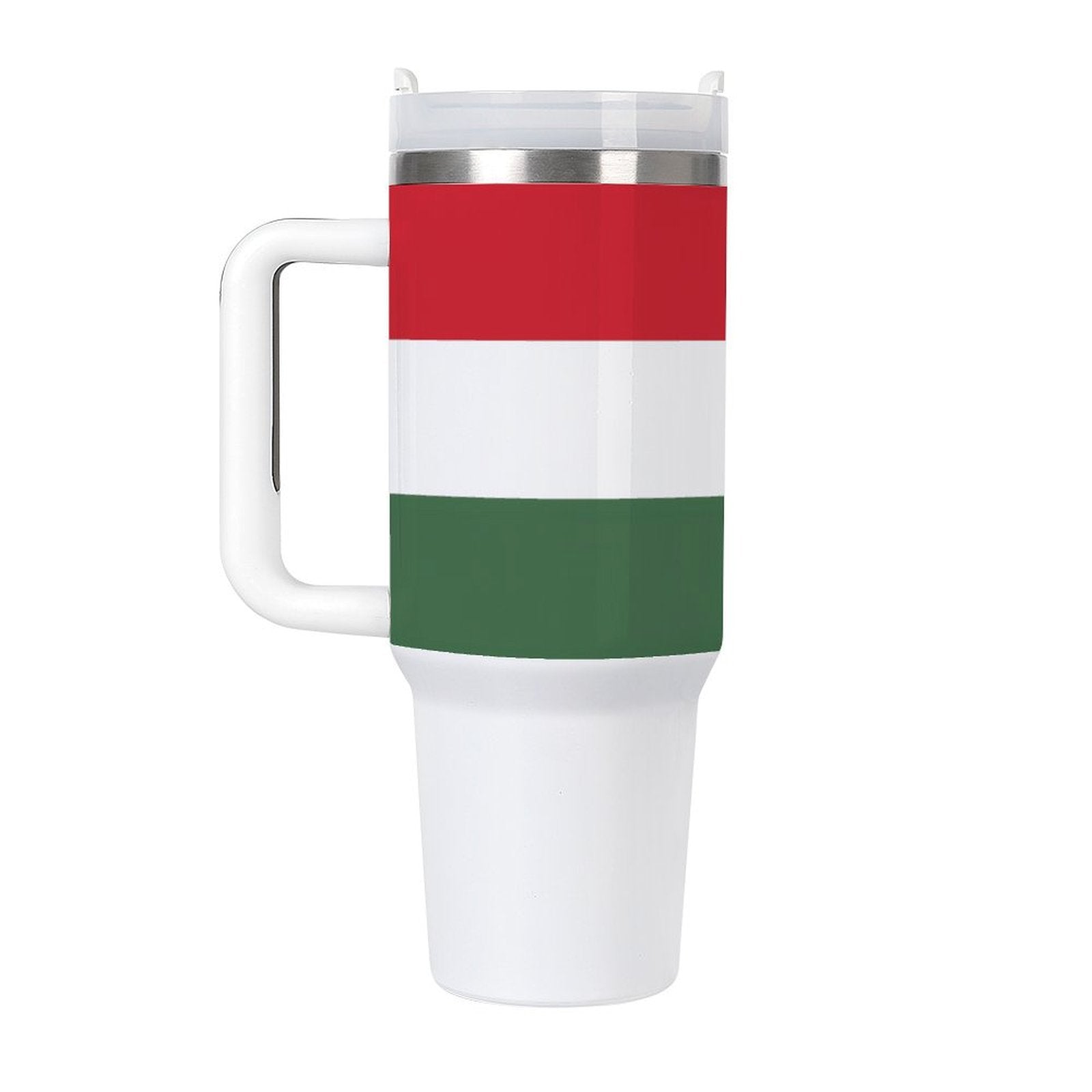 [Brand] mug with red, white, green horizontal stripes design.