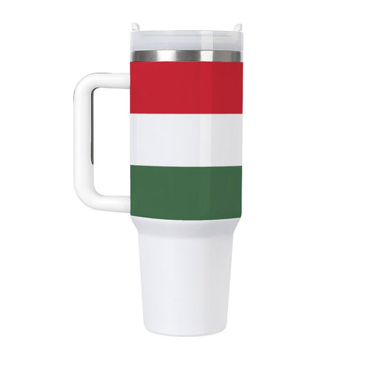 [Brand] mug with red, white, green horizontal stripes design.