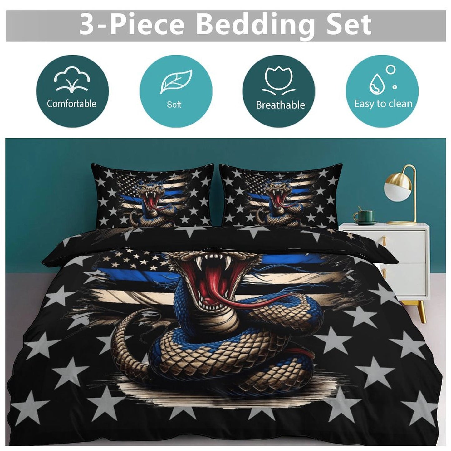 Thin Blue Line Flag Inspired Snake 3-Piece Bedding Set (1 Duvet Cover + 2 Pillow Shams) – 102"×90"