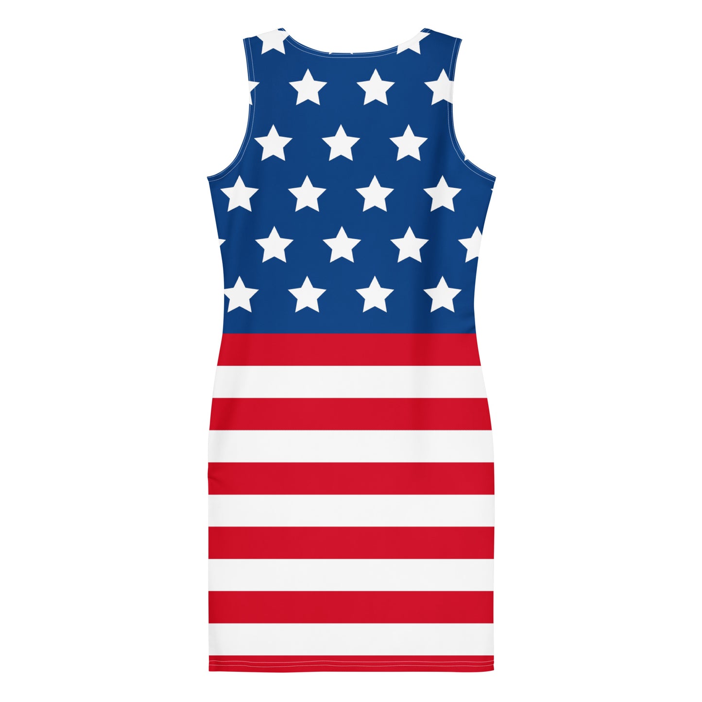 american flag bodycon dress back view flat lay with stars and stripes design