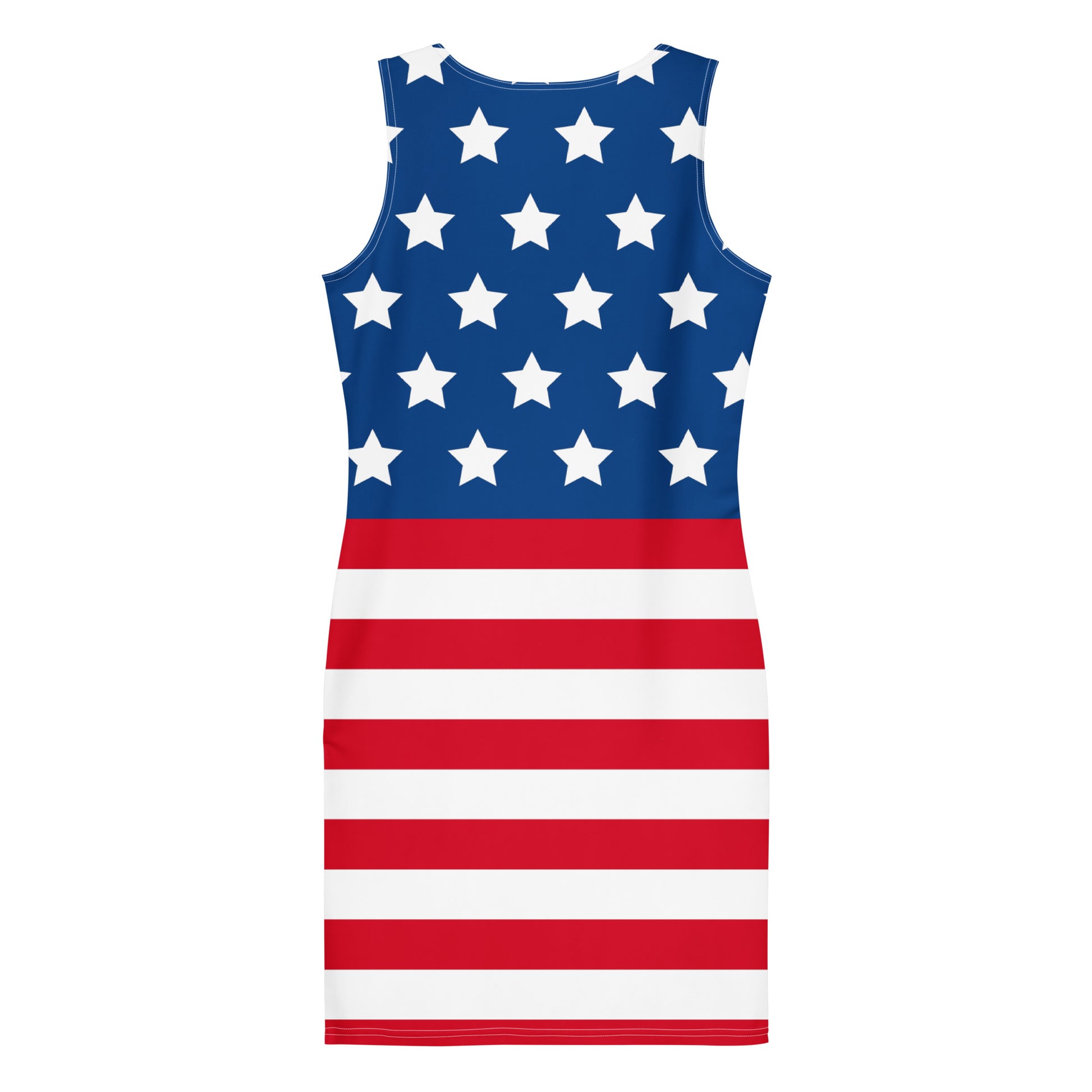 american flag bodycon dress back view flat lay with stars and stripes design