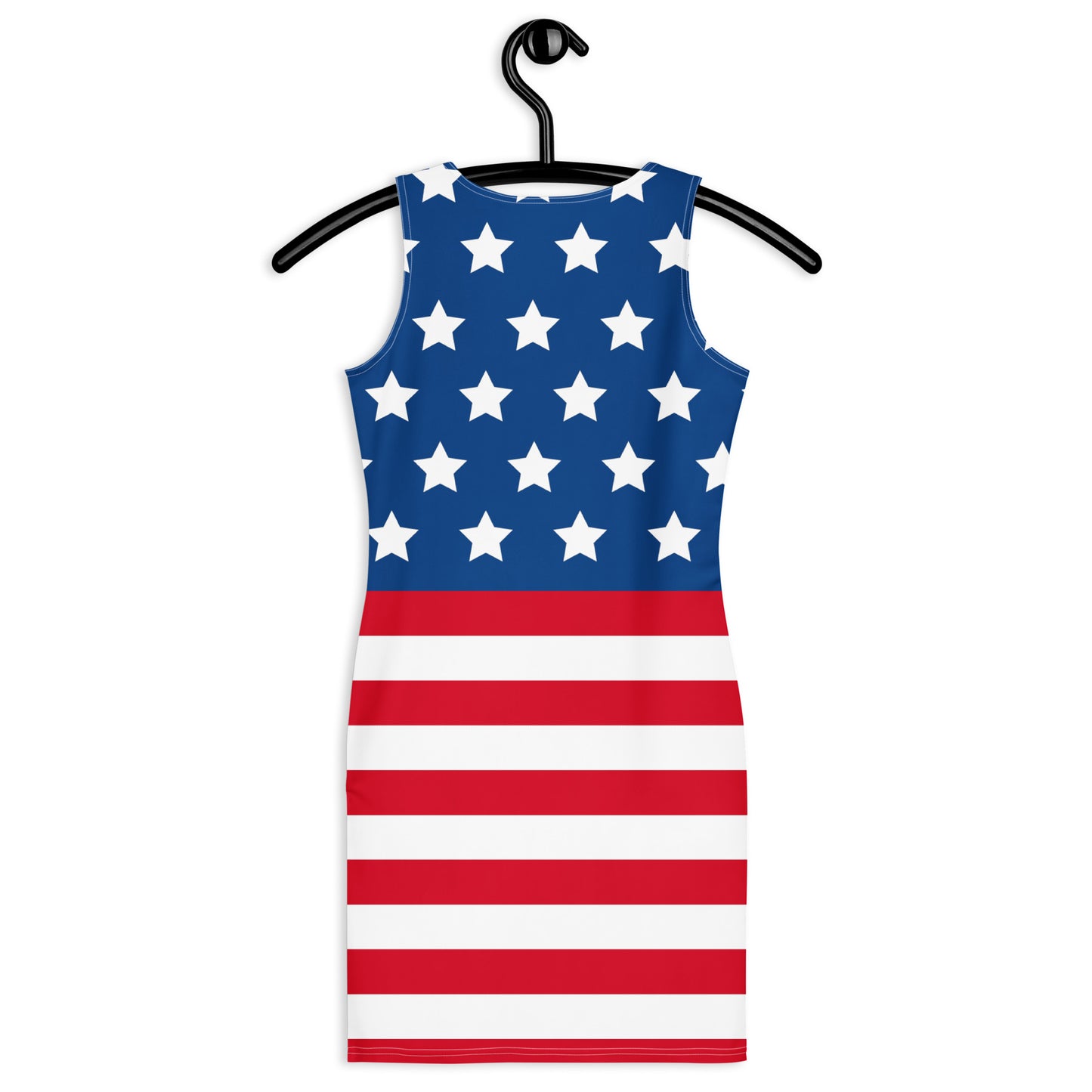 american flag bodycon dress on hanger showing back stars and stripes design