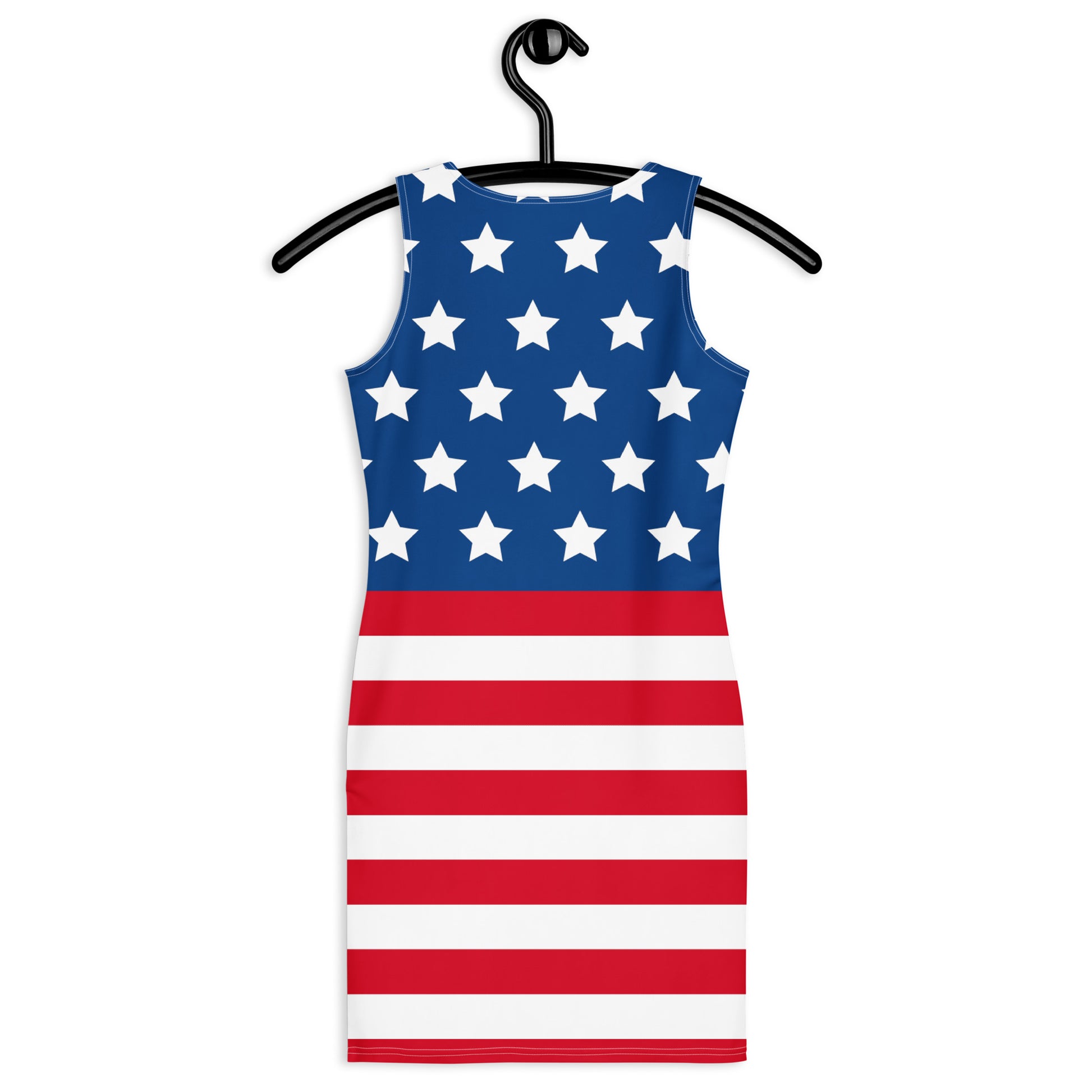 american flag bodycon dress on hanger showing back stars and stripes design