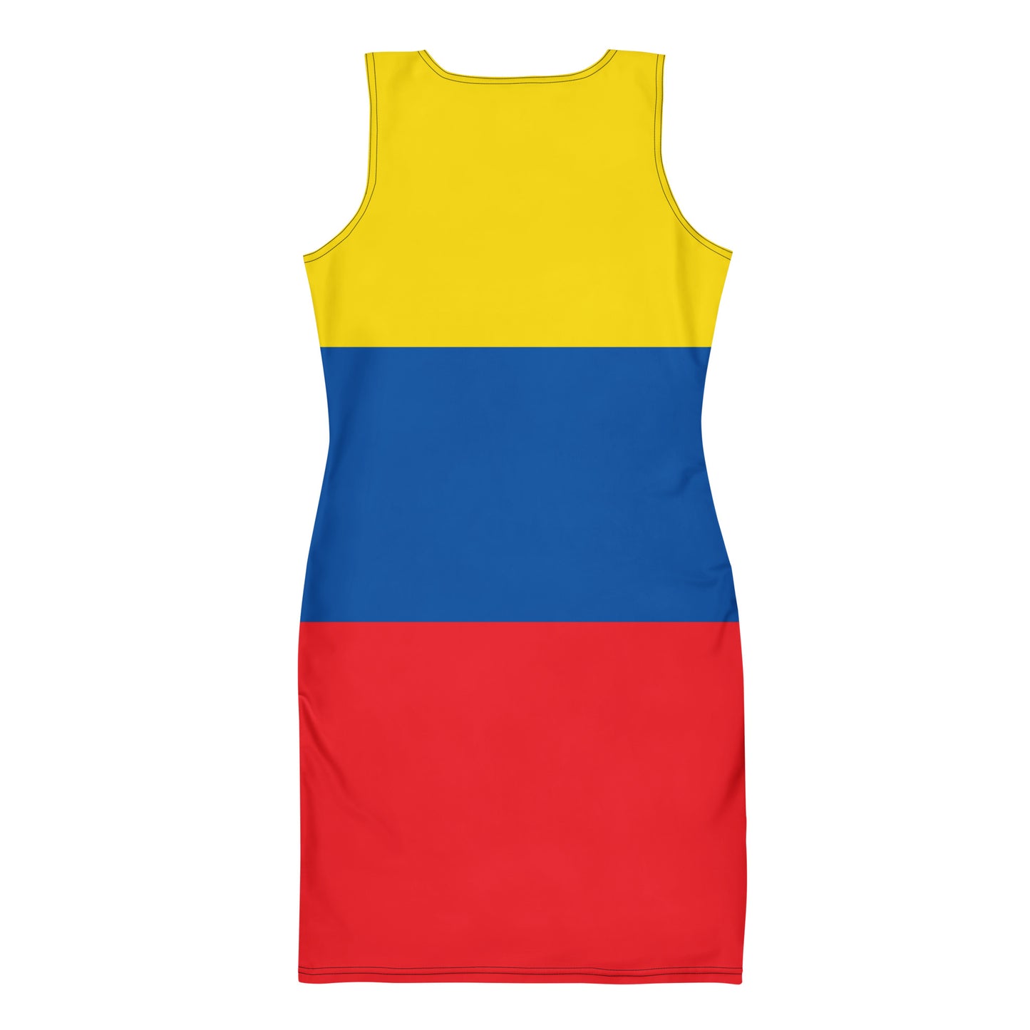 [Brand] dress featuring yellow, blue, and red horizontal stripes.
