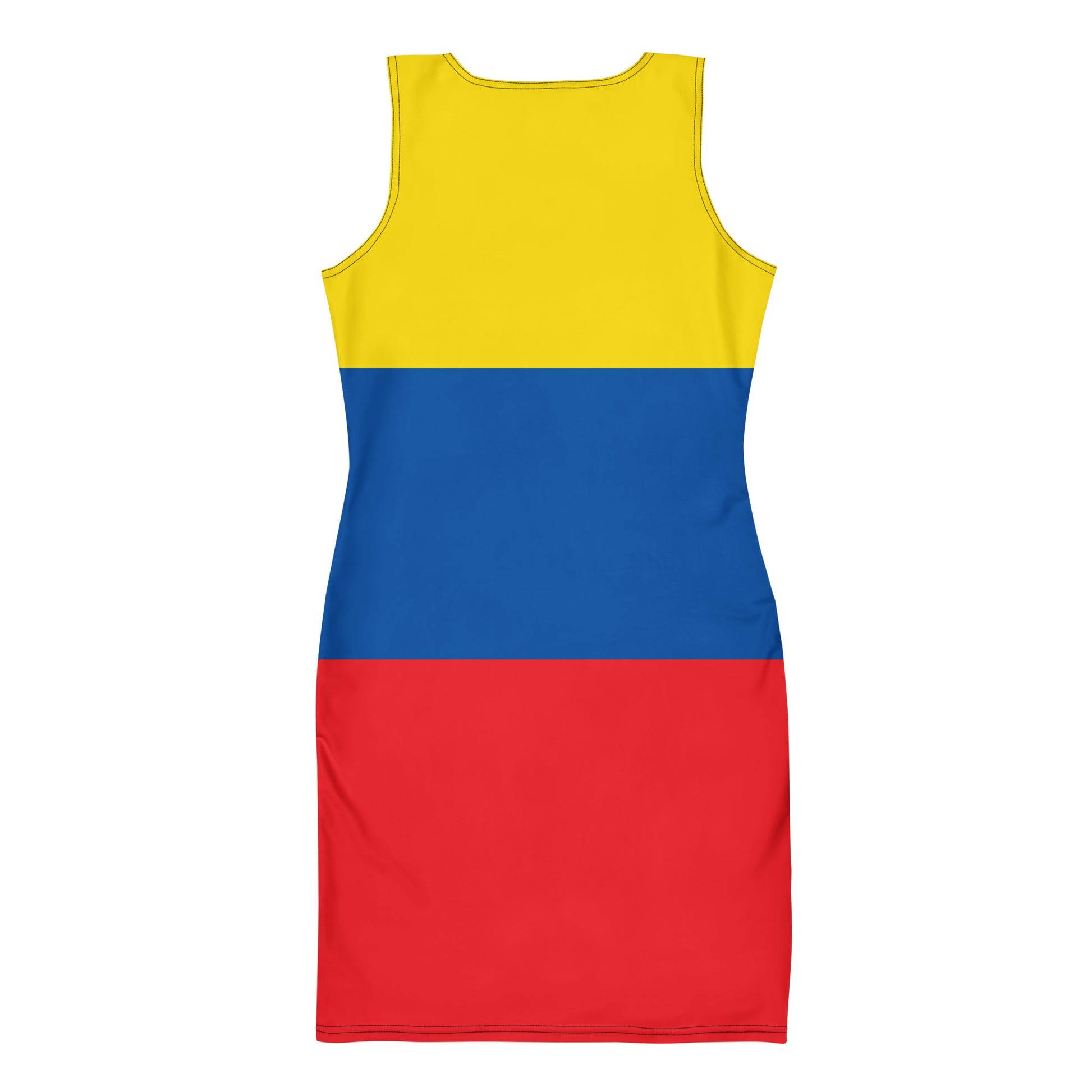 [Brand] dress featuring yellow, blue, and red horizontal stripes.