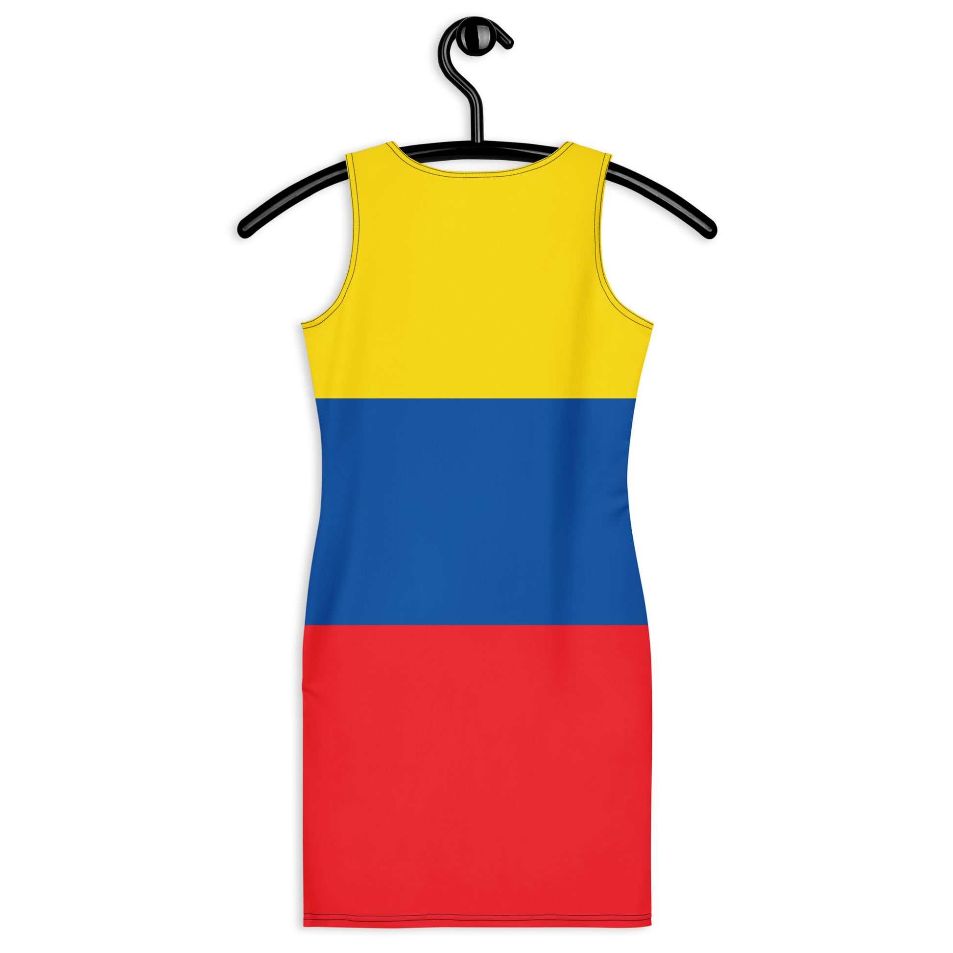 [Brand] dress featuring Colombian flag colors: yellow, blue, red.