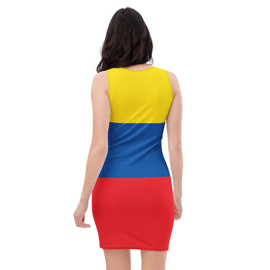 Woman wearing dress resembling Colombian flag, [Brand] colorful design.