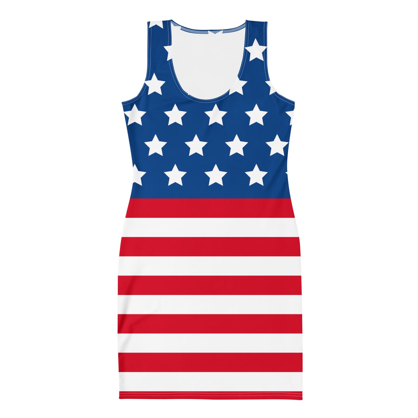 front view of american flag bodycon dress with blue star top and red and white stripes skirt