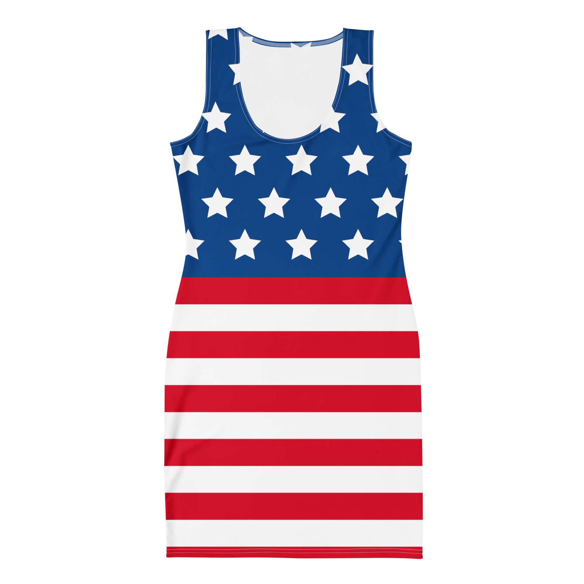front view of american flag bodycon dress with blue star top and red and white stripes skirt